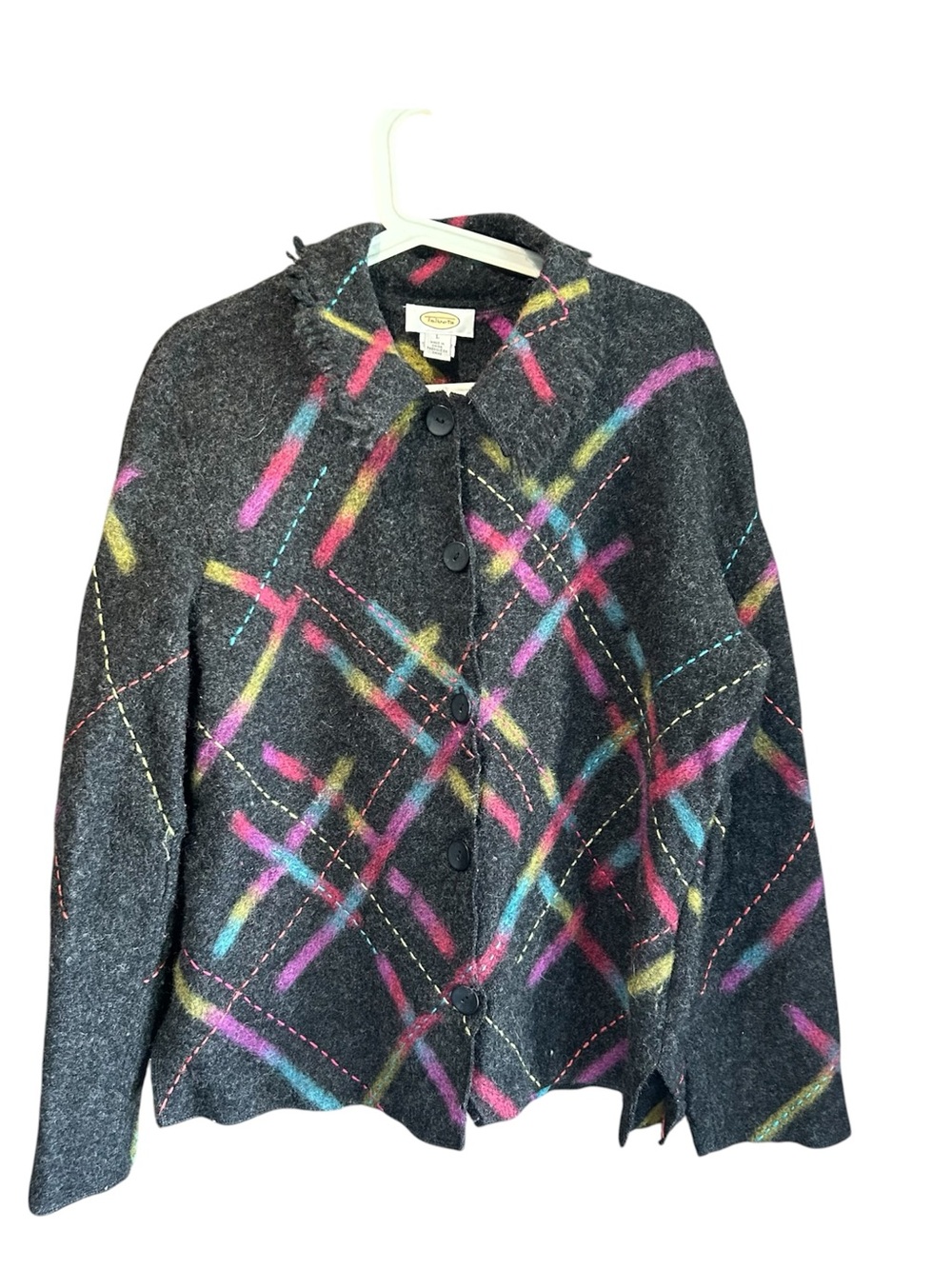 Talbots Charcoal Wool-Blend Jacket with Pink, Yellow & Teal Plaid